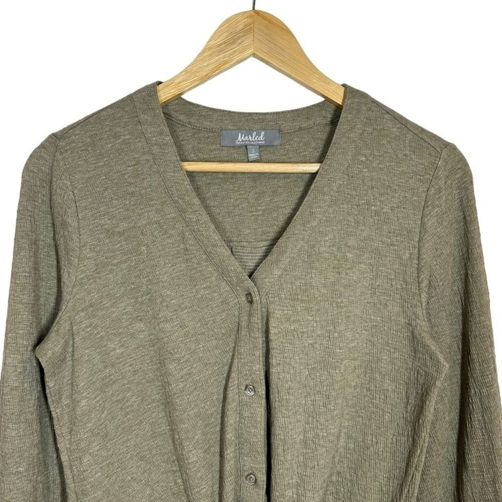 Marled Button Up Tie Front Shirt Womens S Beige Crinkle Waffle Stretch Roll Tab - Picture 6 of 9